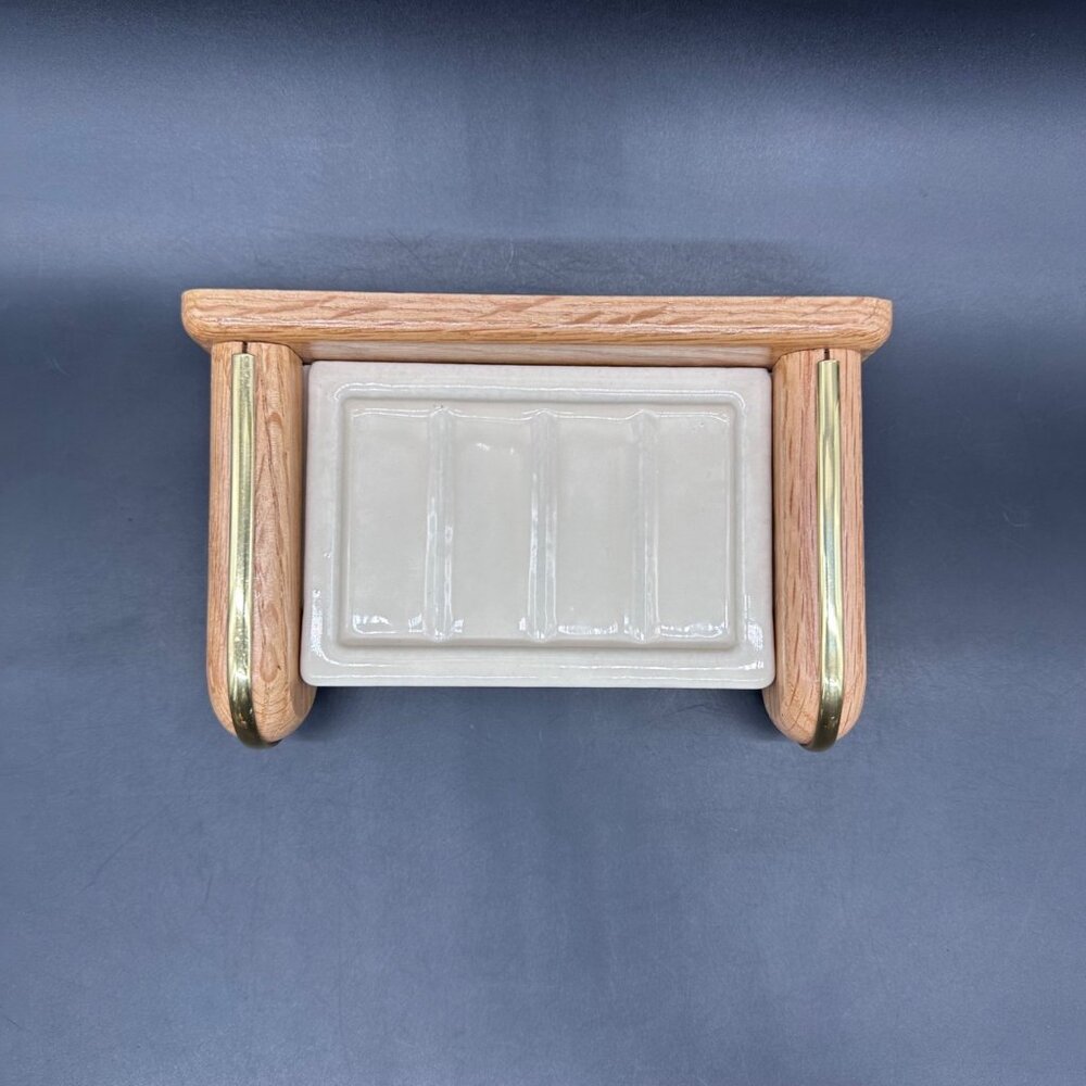 Vintage Wall Mount Soap Dish Ceramic Wood 1980s Taiwan Retro Bathroom Accessory - Picture 2 of 12